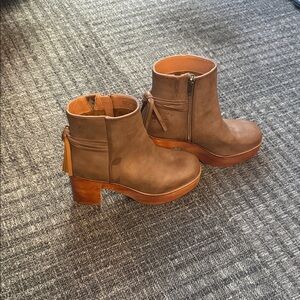 BEAST FASHION Taupe Platform Ankle Booties with Wooden Heel & Tassel